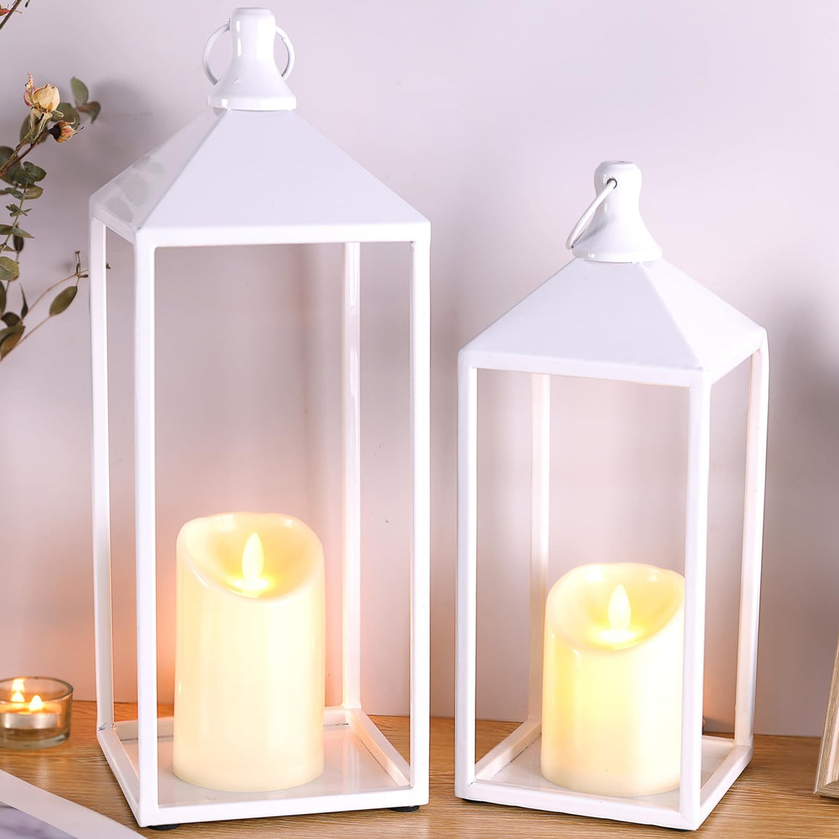 2 Pcs Black Decorative Metal Lanterns Farmhouse Lantern Decor with Candles