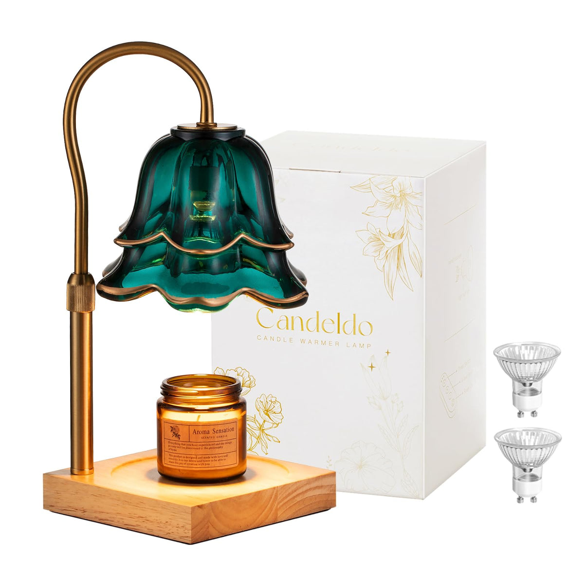 Candeldo Candle Warmer Lamp with Timer, Gold Flower Glass Shade