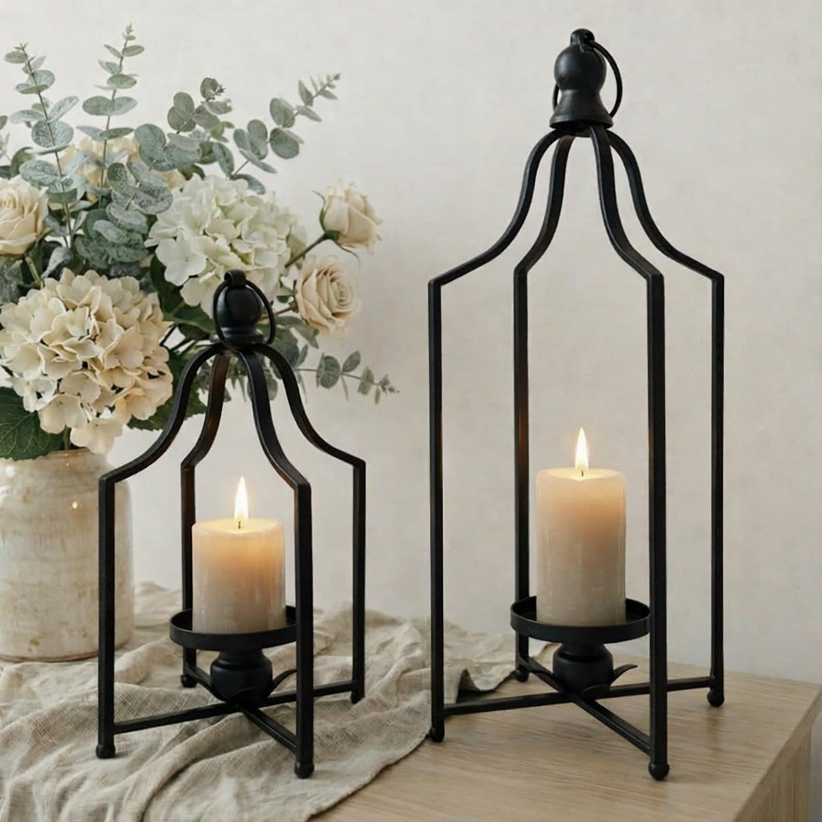 12.5" & 16.5" Timeless Cozy Decorative Lanterns Set of 2, Handcrafted Metal Iron Candle Holders, Farmhouse Elegance Fireplace Mantel Table Festive Gatherings Decor (Antique Gold)