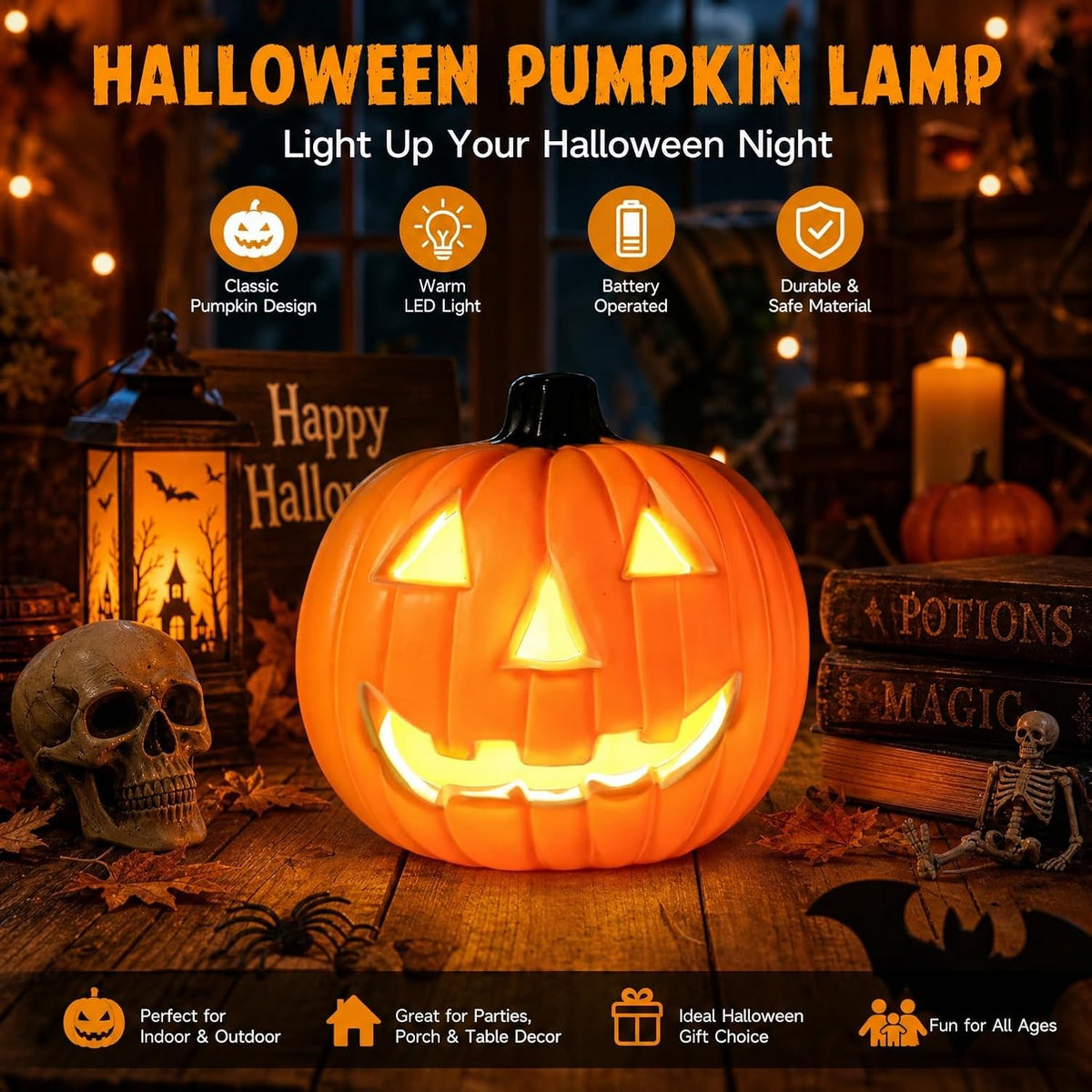 8 Inch LED Halloween Pumpkin Decorations, Lighted Indoor Outdoor Decor