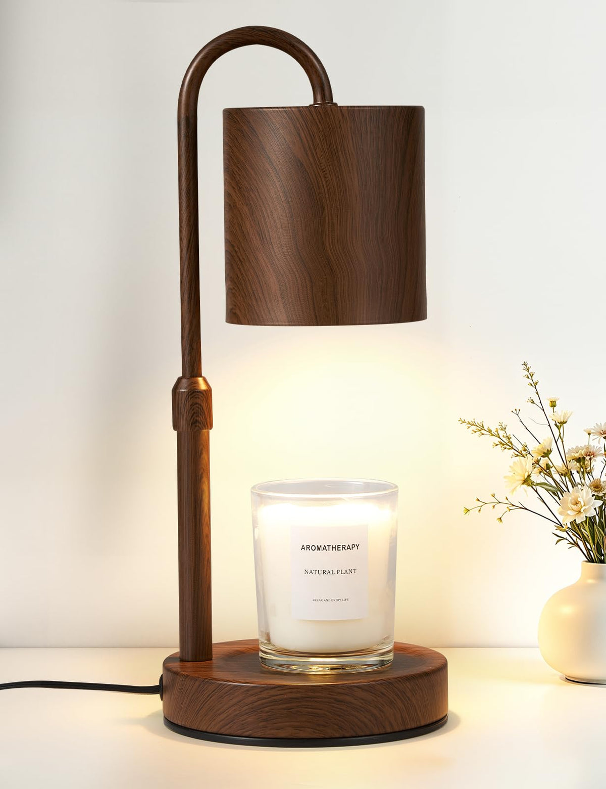 Briever Dimmable Candle Warmer Lamp with Timer, Height Adjustable Electric Candle Wax Warmer, Christmas Birthday Gifts for Women Mom, House Warming Gifts New Home Room Decor, Walnut Solid Wood Base