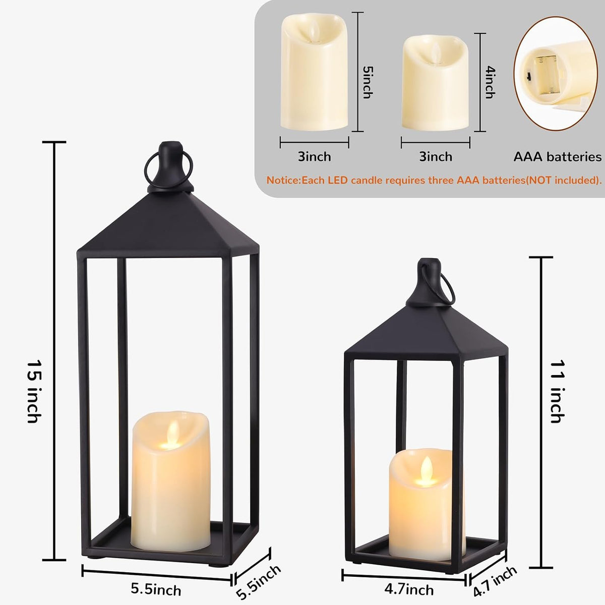 2 Pcs Black Decorative Metal Lanterns Farmhouse Lantern Decor with Candles