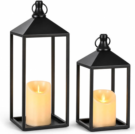 2 Pcs Black Decorative Metal Lanterns Farmhouse Lantern Decor with Candles