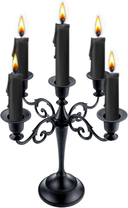 5-Arm Black Metal Candelabra Halloween Taper Holder Decor