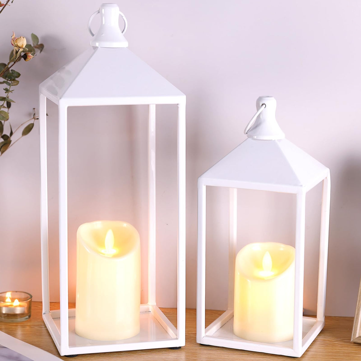 2 Pcs Black Decorative Metal Lanterns Farmhouse Lantern Decor with Candles