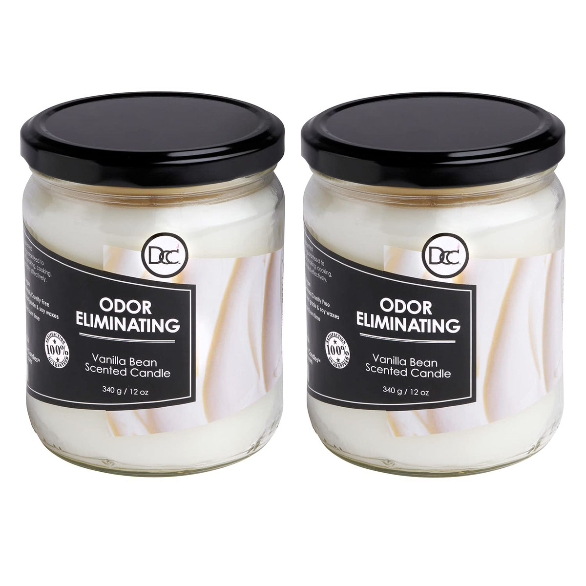 Vanilla Bean Odor Eliminating Highly Fragranced Candle - Eliminates 95% of Pet, Smoke, Food, and Other Smells Quickly - Up to 80 Hour Burn time - 12 Ounce Premium Soy Blend