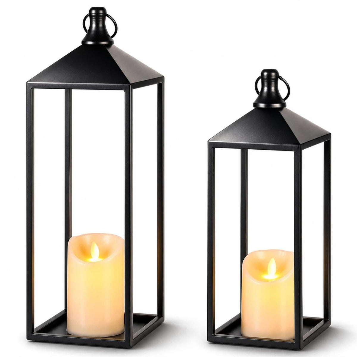 2 Pcs Black Decorative Metal Lanterns Farmhouse Lantern Decor with Candles