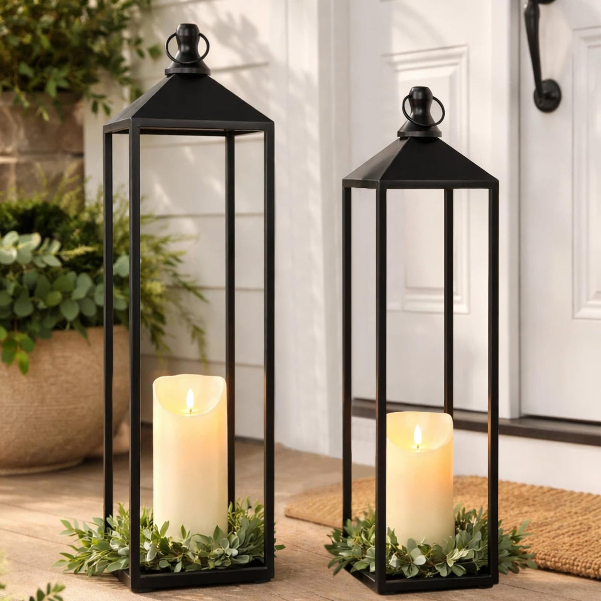 2 Pcs Black Decorative Metal Lanterns Farmhouse Lantern Decor with Candles