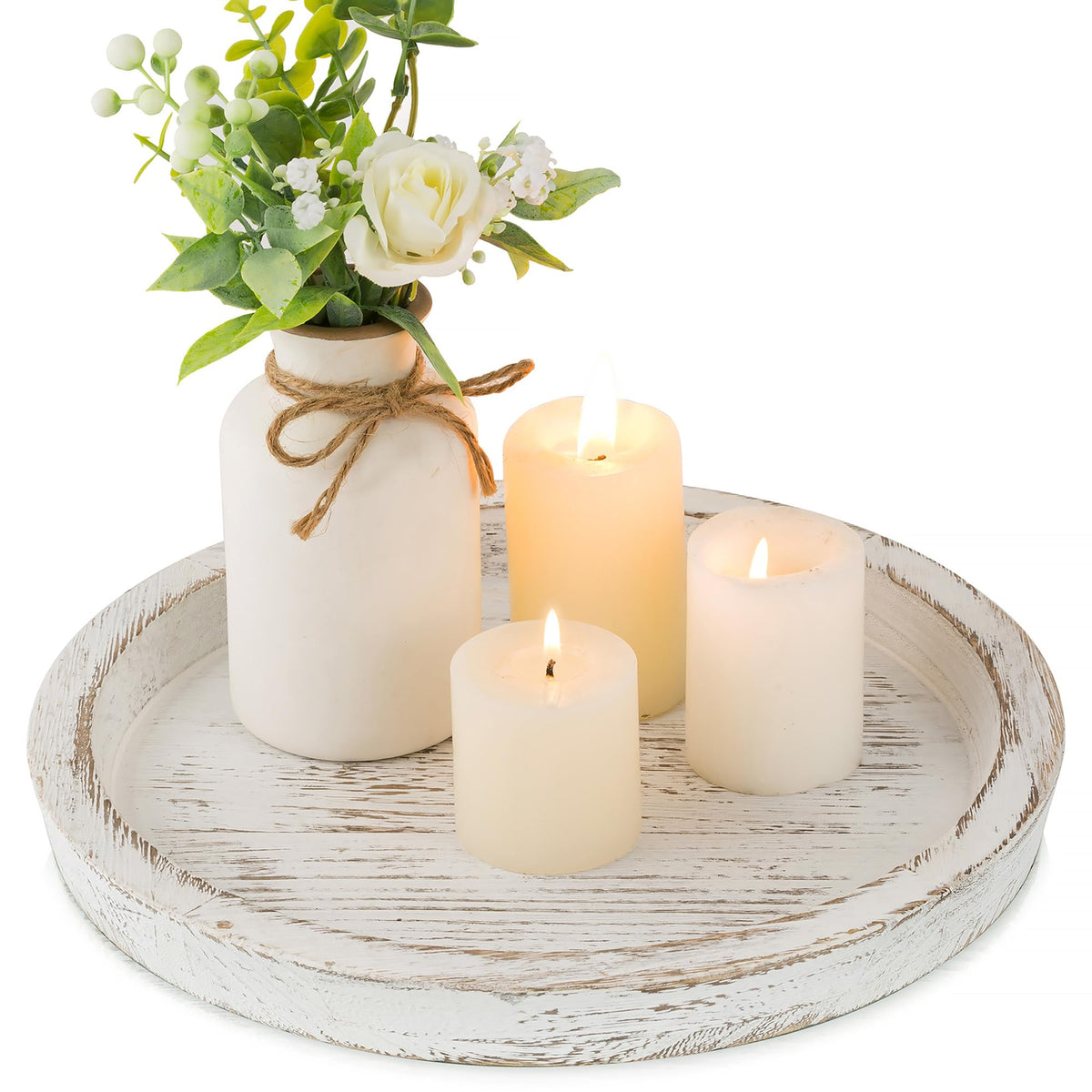Hanobe Round Wooden Candle Holder Trays for Coffee Table, Distressed Finish