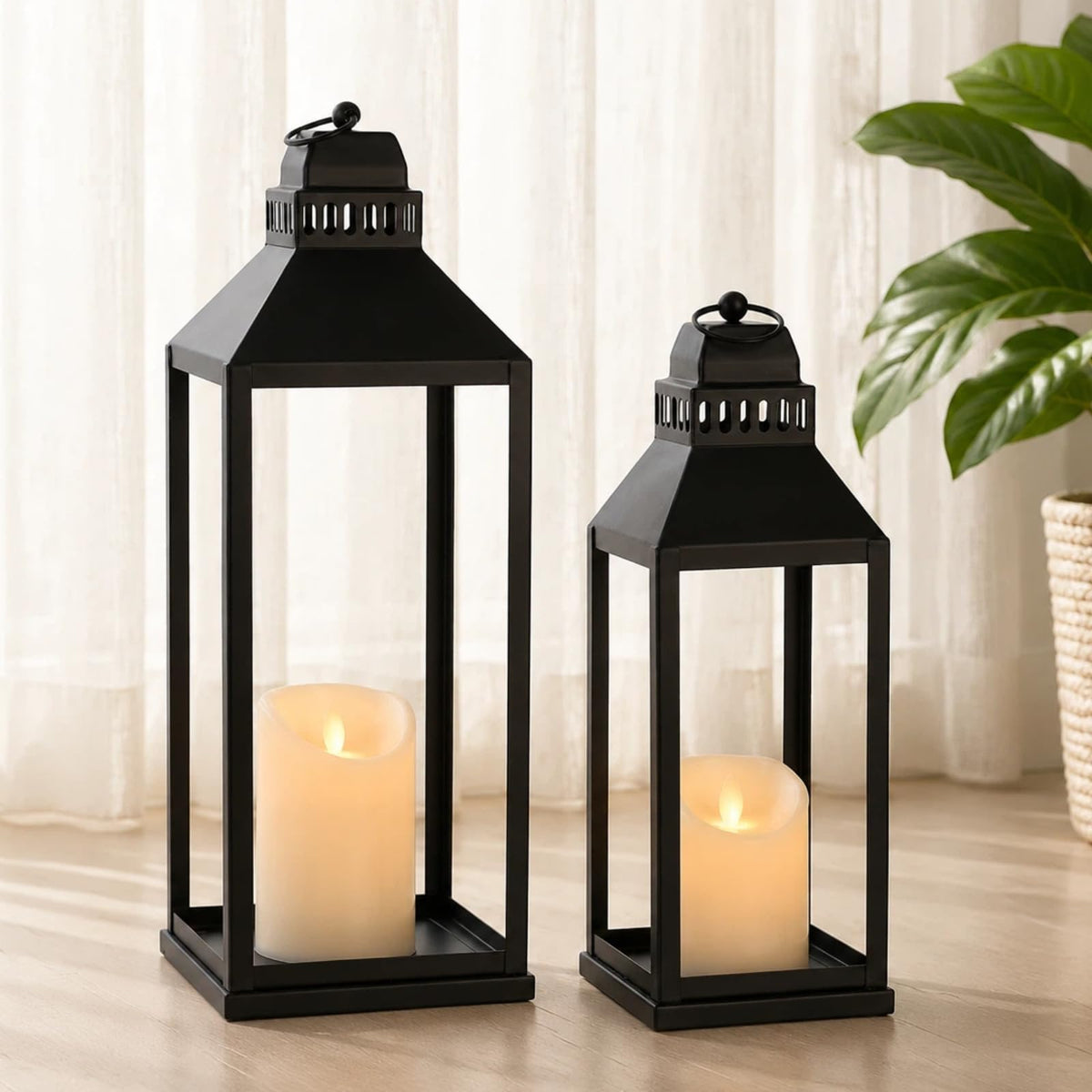 2 Pcs Black Decorative Metal Lanterns Farmhouse Lantern Decor with Candles