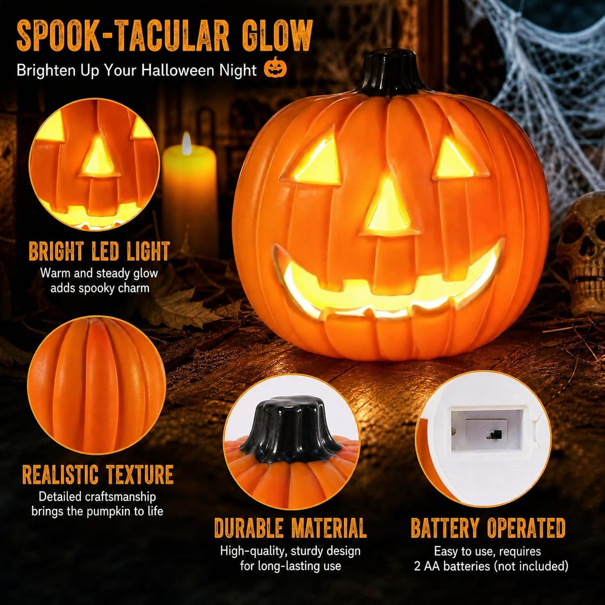 8 Inch LED Halloween Pumpkin Decorations, Lighted Indoor Outdoor Decor