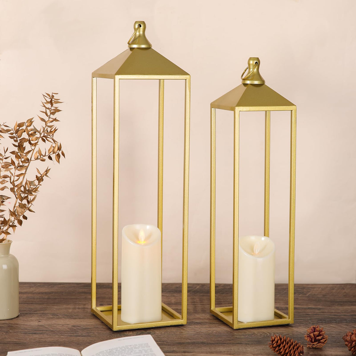 2 Pcs Black Decorative Metal Lanterns Farmhouse Lantern Decor with Candles