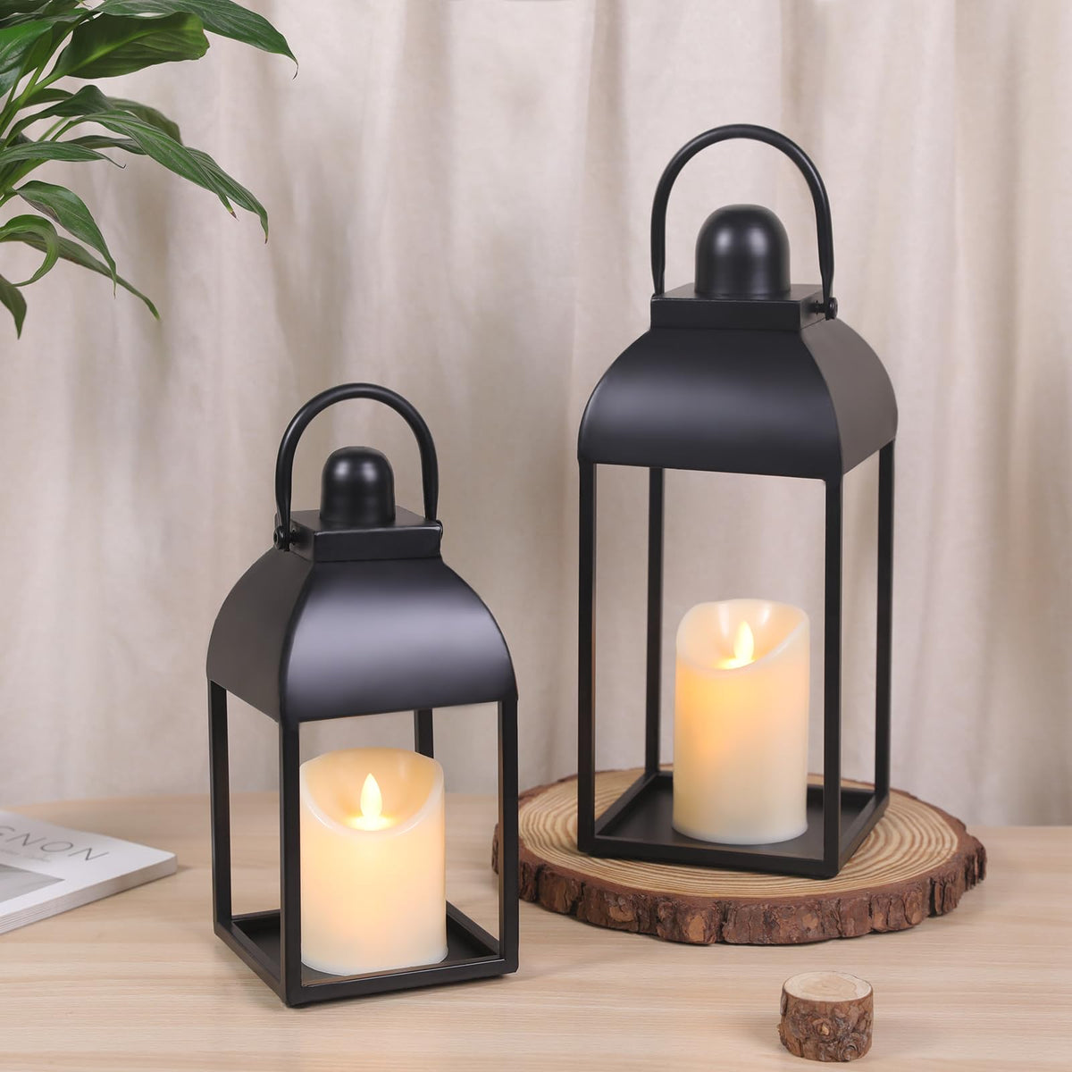 2 Pcs Black Decorative Metal Lanterns Farmhouse Lantern Decor with Candles