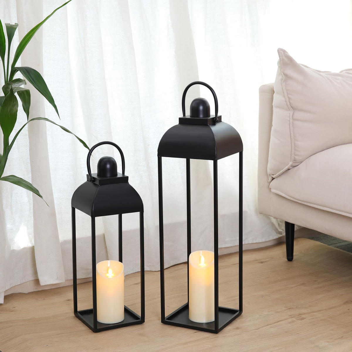 2 Pcs Black Decorative Metal Lanterns Farmhouse Lantern Decor with Candles