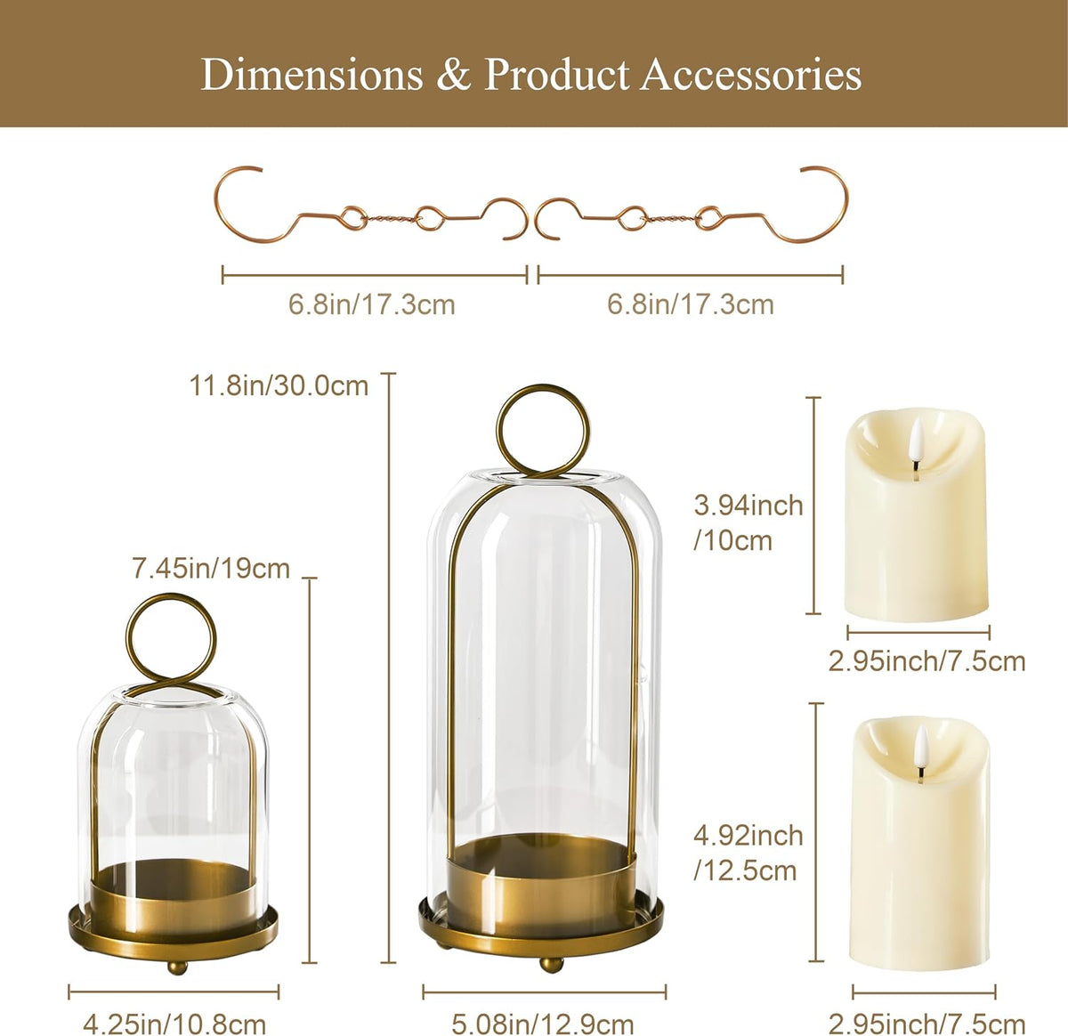 5"&4" Metal Candle Holder with Handmade Glass Dome in Brass & 2 Timer Candles, Set of 2 Versatile Hurricane Glass Candle Holders for Pillar Candles & Plants
