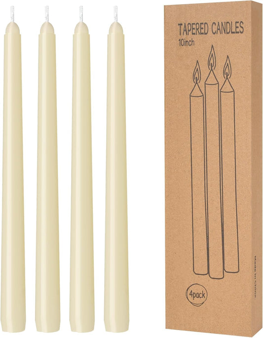 4 Pack Ivory Taper Candles - Taper Candles 10 Inch Dripless, Smokeless & Unscented - 8 Hours Long Burning - Hand Poured Tall Candlesticks - Ideal for Weddings, Dinner Parties, and Home Decor