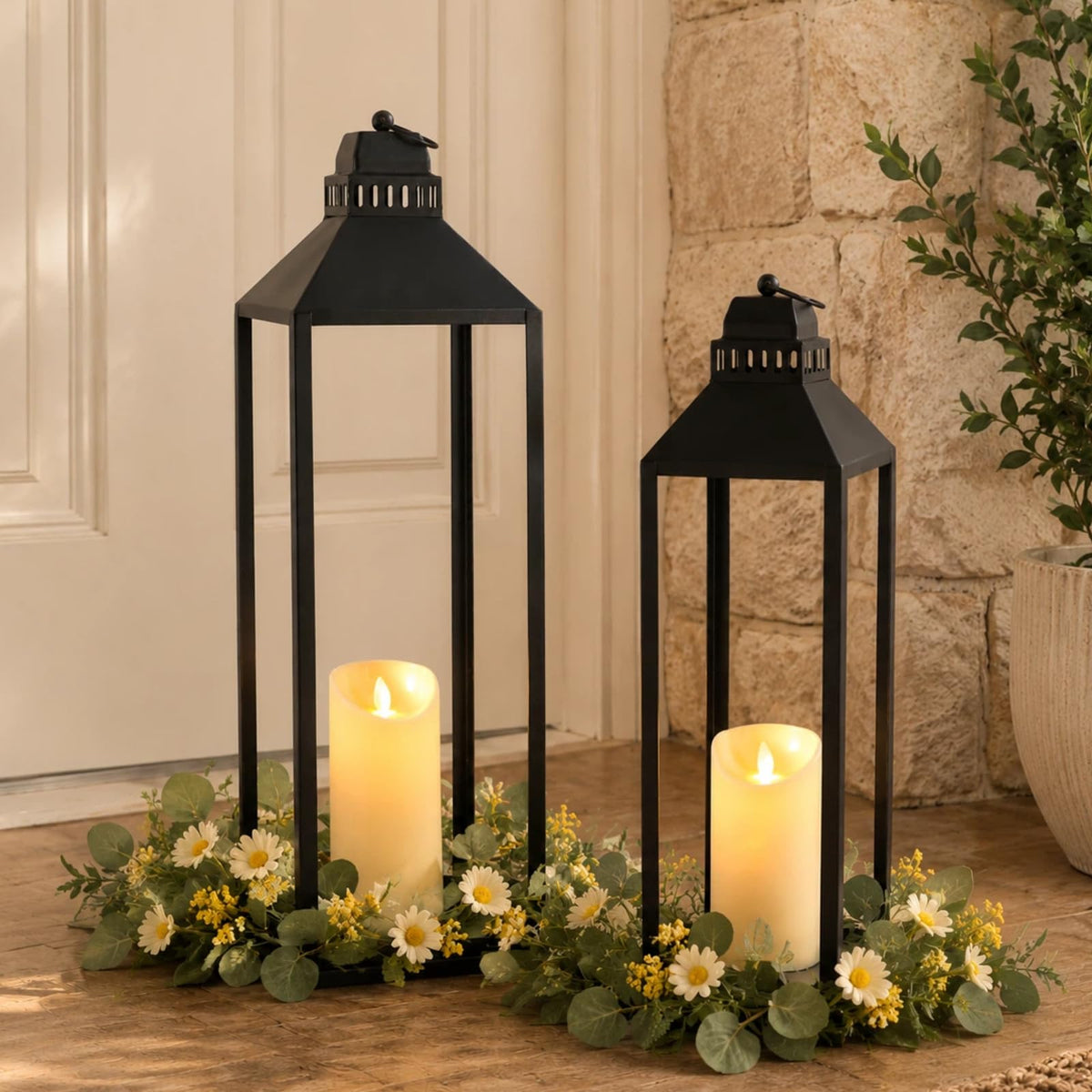 2 Pcs Black Decorative Metal Lanterns Farmhouse Lantern Decor with Candles