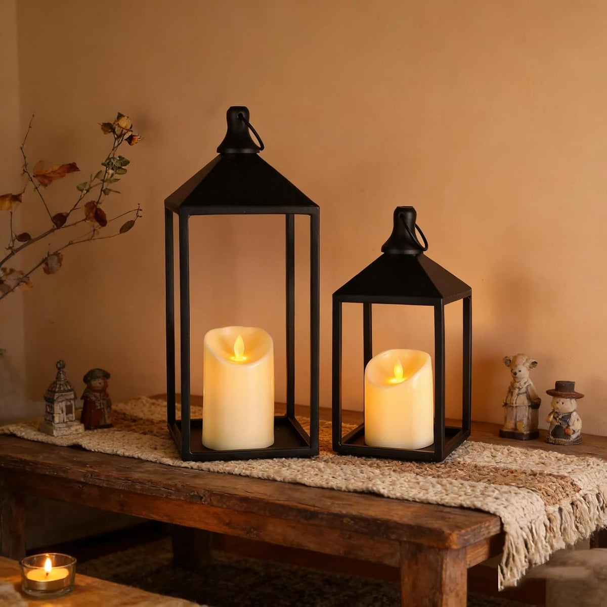 2 Pcs Black Decorative Metal Lanterns Farmhouse Lantern Decor with Candles