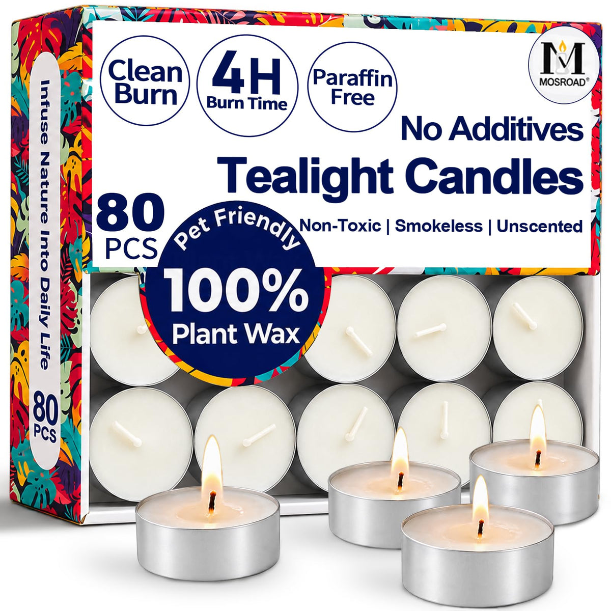 Tea Lights Candles 80 Pack, 4 Hour Palm Wax Tealights