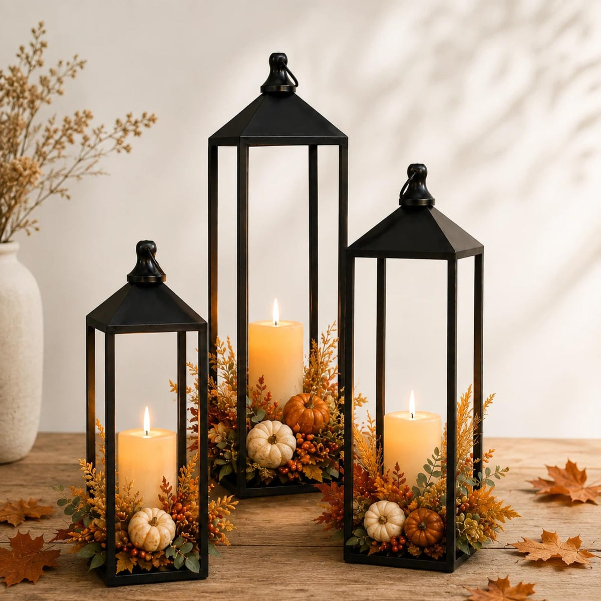 2 Pcs Black Decorative Metal Lanterns Farmhouse Lantern Decor with Candles