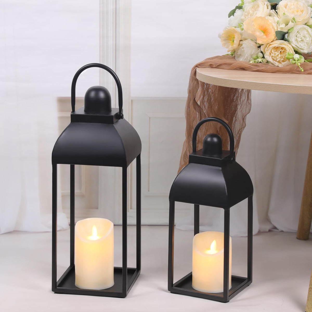 2 Pcs Black Decorative Metal Lanterns Farmhouse Lantern Decor with Candles