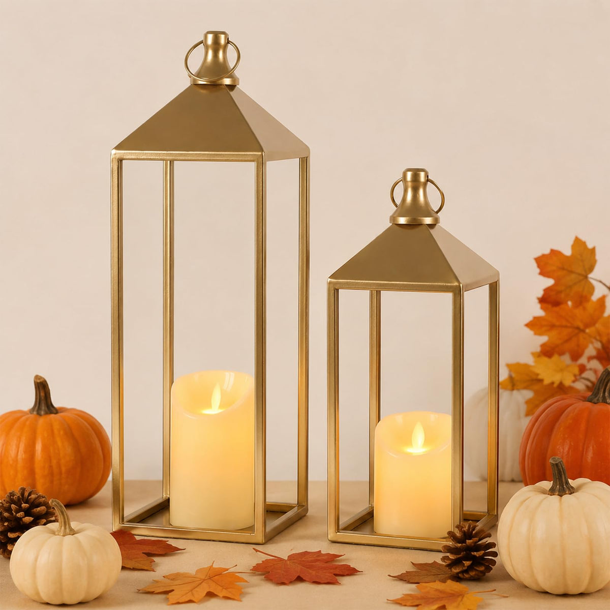 2 Pcs Black Decorative Metal Lanterns Farmhouse Lantern Decor with Candles