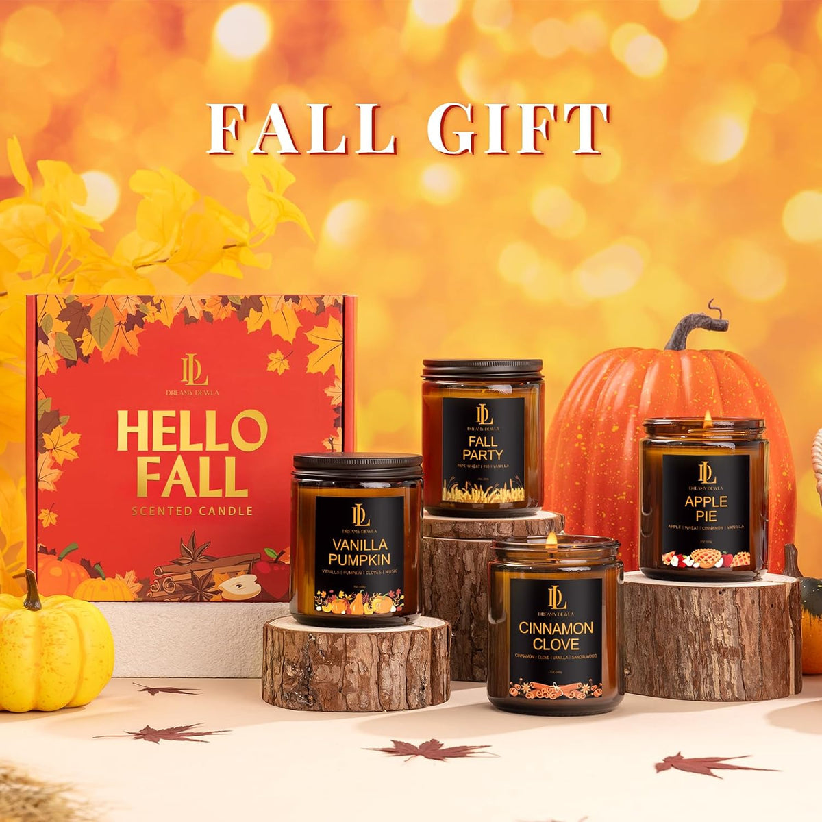 DL DREAMY DEWLA Fall Candles Set for Home Scented, 4 Pack 28oz, Soy Wax