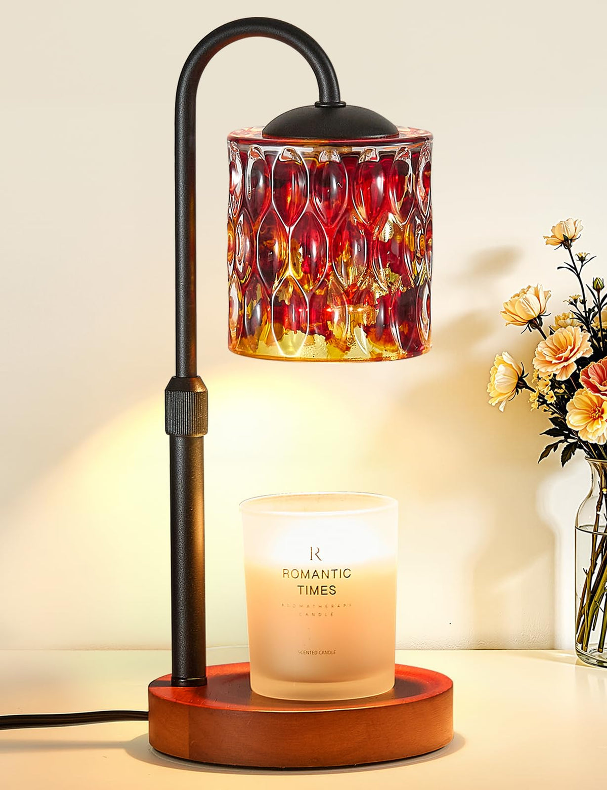 Briever Dimmable Candle Warmer Lamp with Timer, Height Adjustable Electric Candle Wax Warmer, Christmas Birthday Gifts for Women Mom, House Warming Gifts New Home Room Decor, Walnut Solid Wood Base
