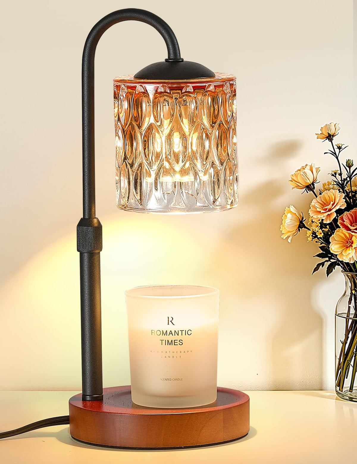 Briever Dimmable Candle Warmer Lamp with Timer, Height Adjustable Electric Candle Wax Warmer, Christmas Birthday Gifts for Women Mom, House Warming Gifts New Home Room Decor, Walnut Solid Wood Base