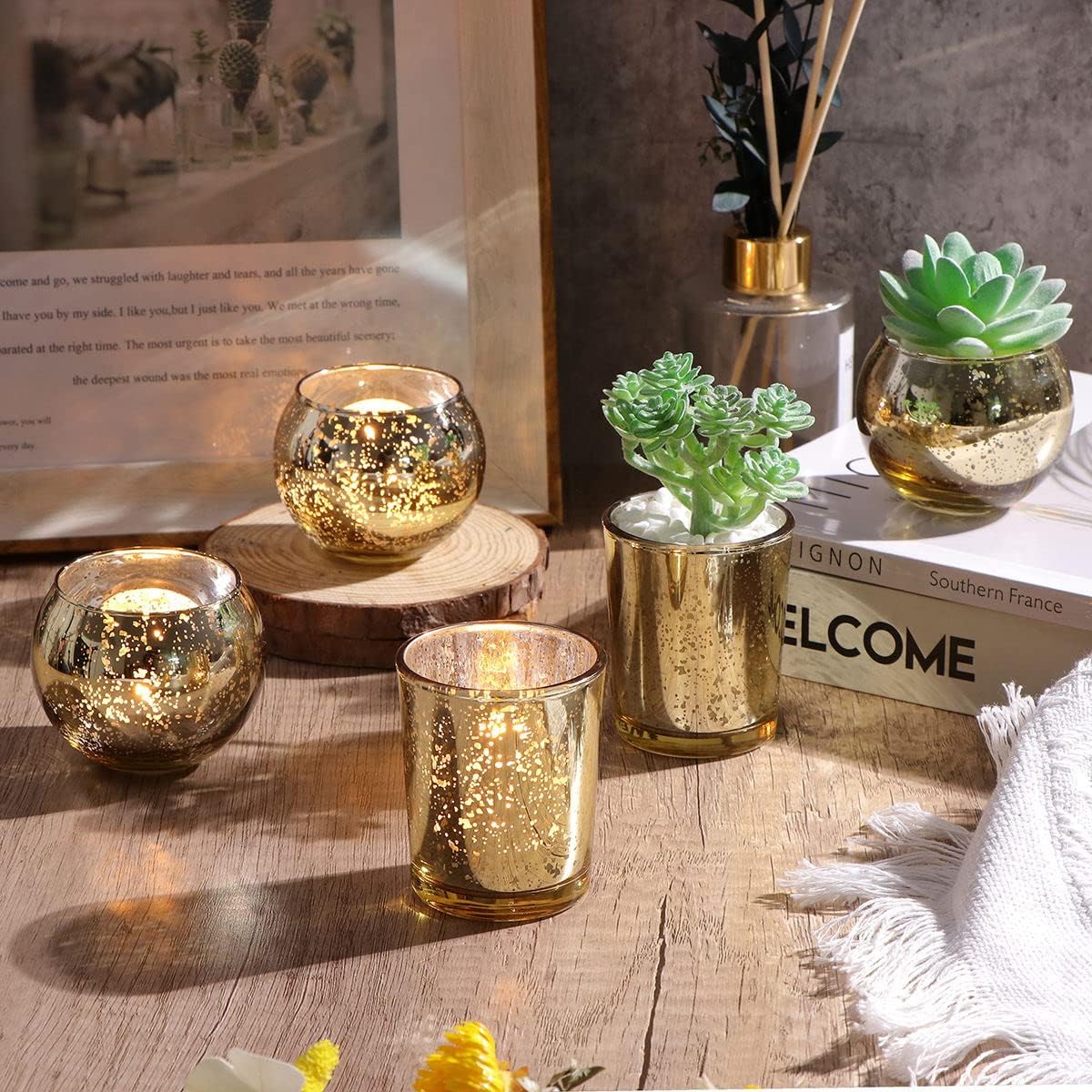 24 Pcs Assorted Gold Votive Candle Holders, Mercury Glass Tea Lights Holder