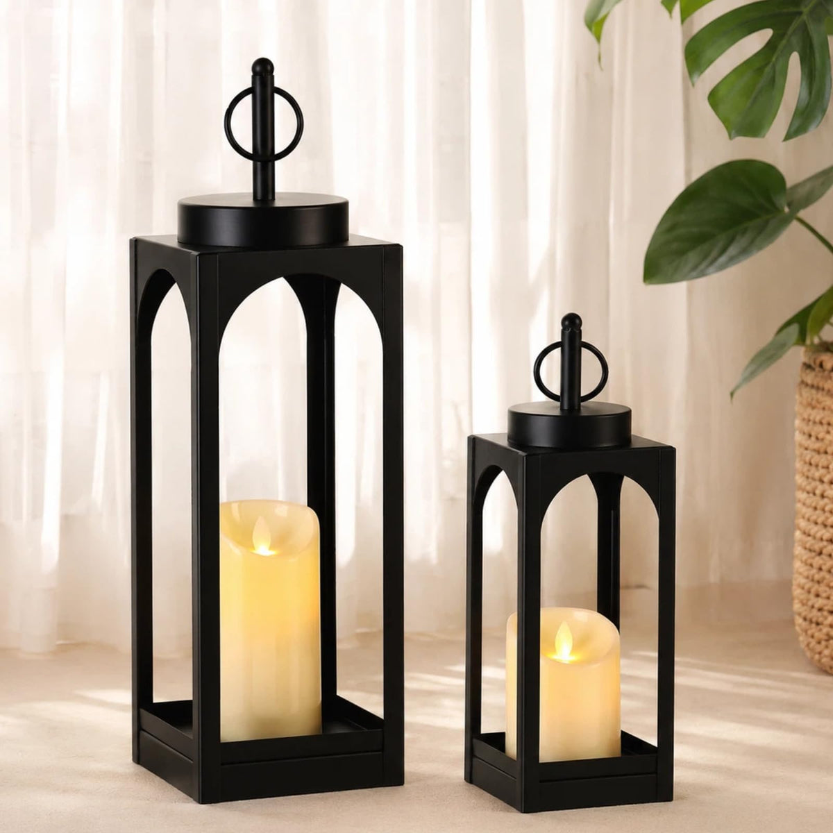 2 Pcs Black Decorative Metal Lanterns Farmhouse Lantern Decor with Candles