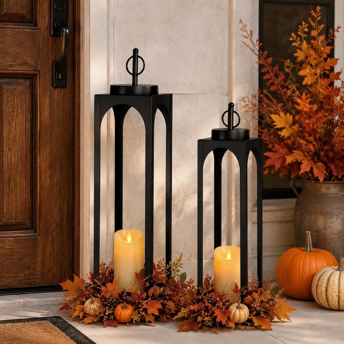 2 Pcs Black Decorative Metal Lanterns Farmhouse Lantern Decor with Candles