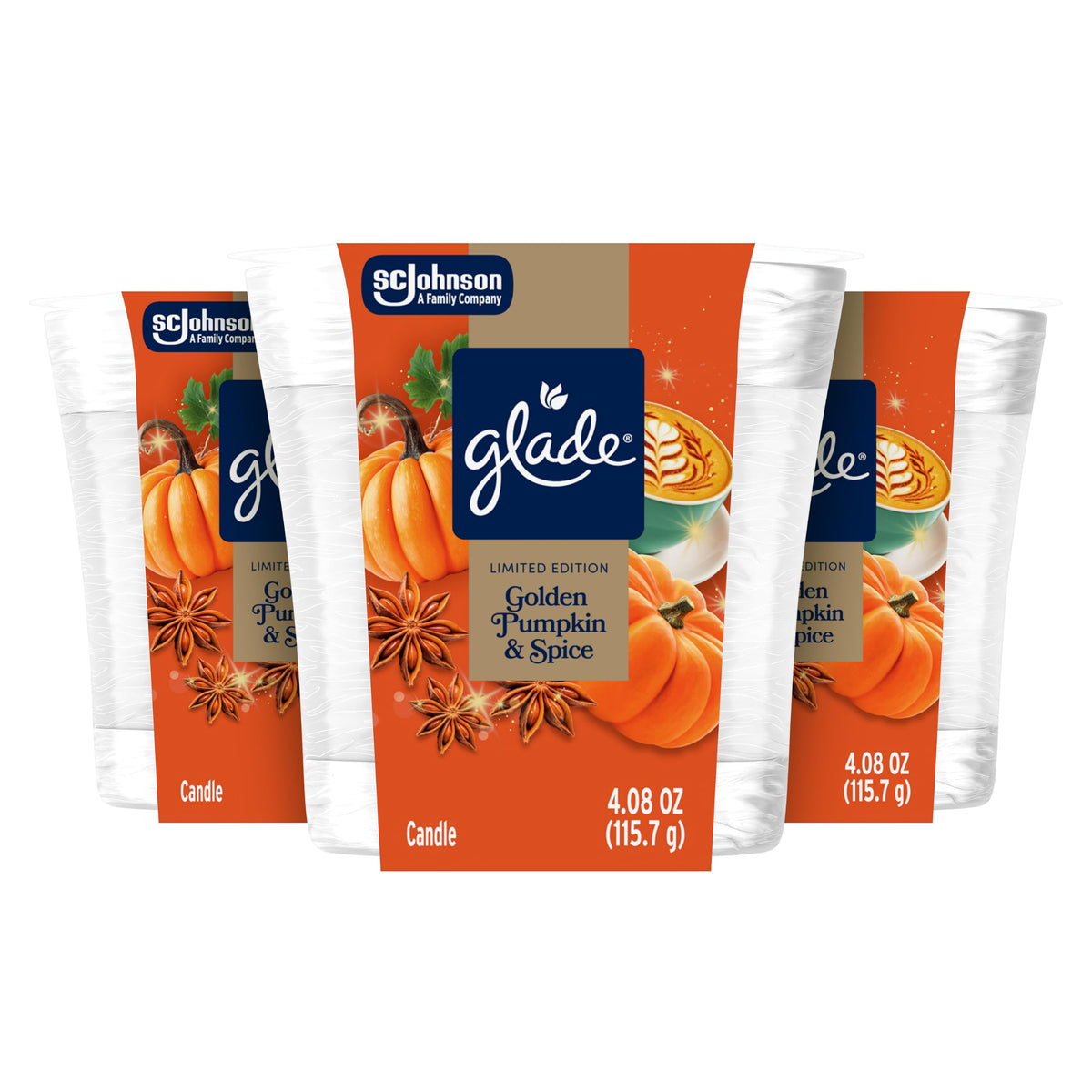Glade Jar Candle, Golden Pumpkin & Spice, 4.08oz., 3 Count