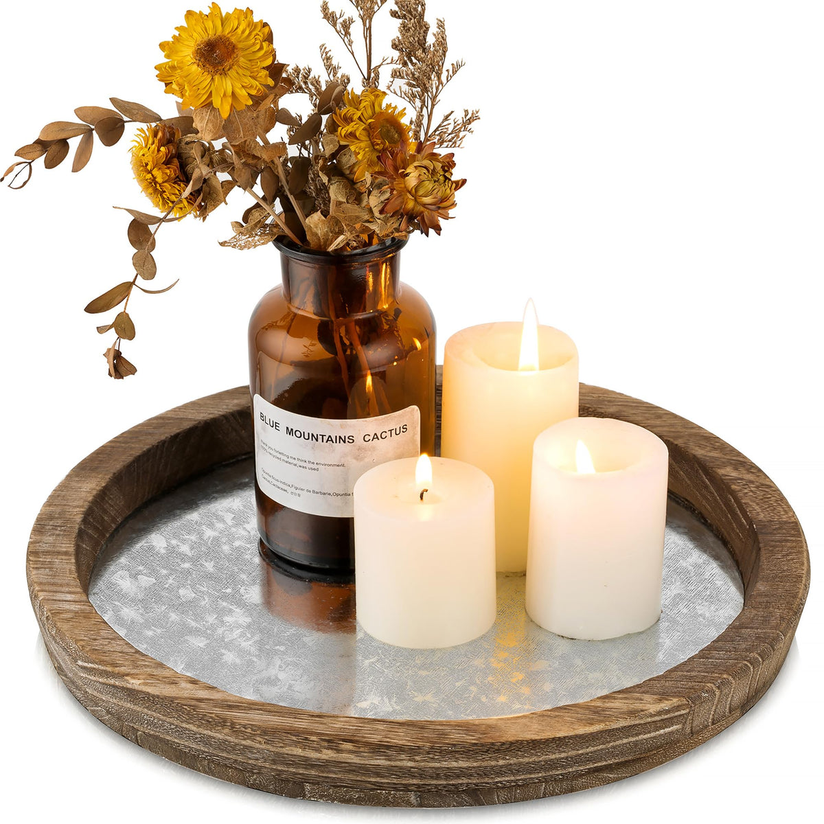 Hanobe Round Wooden Candle Holder Trays for Coffee Table, Distressed Finish
