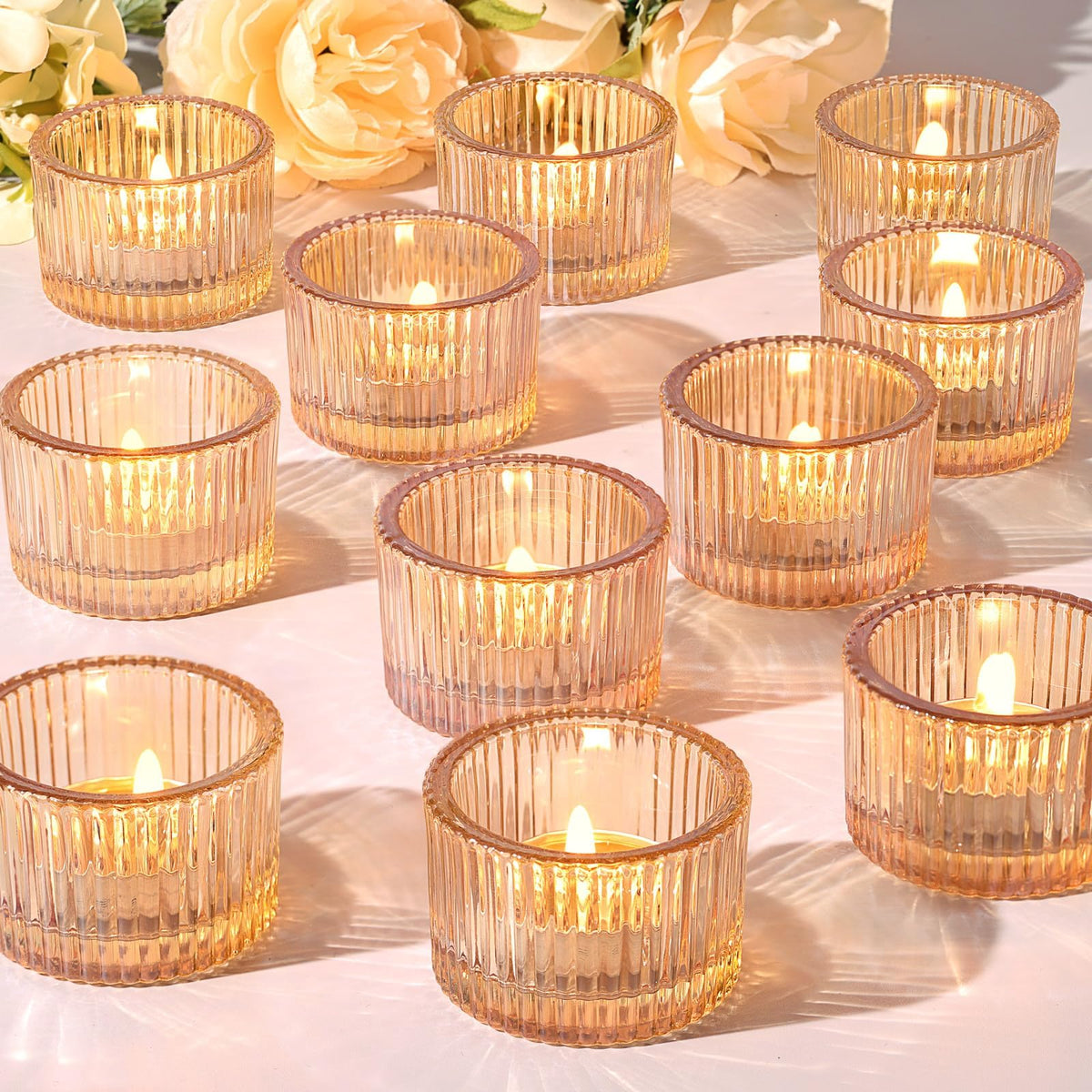 24 Pack Amber Tealight Candle Holders, Glass Votive Candle Holders