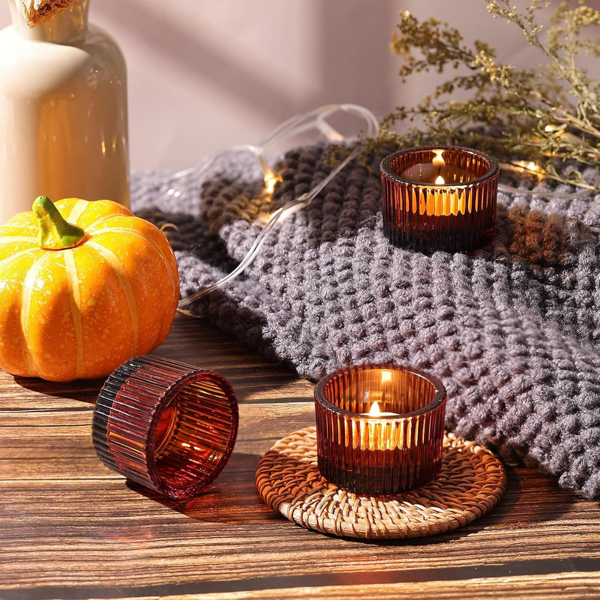 24 Pack Amber Tealight Candle Holders, Glass Votive Candle Holders