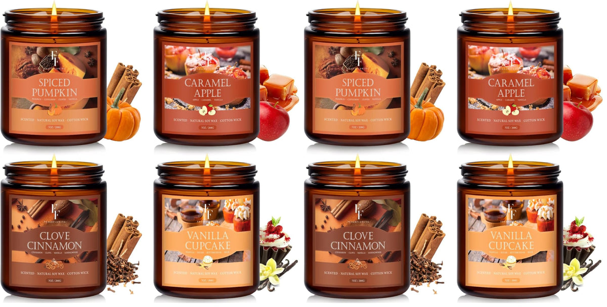 Fall Candles Set, 4 Pack Candles for Home Scented Natural Soy Wax, Autumn Gifts Set for Women Men, Fall Fragrance of Pumpkin/Cinnamon/Vanilla Cupcake/Apple