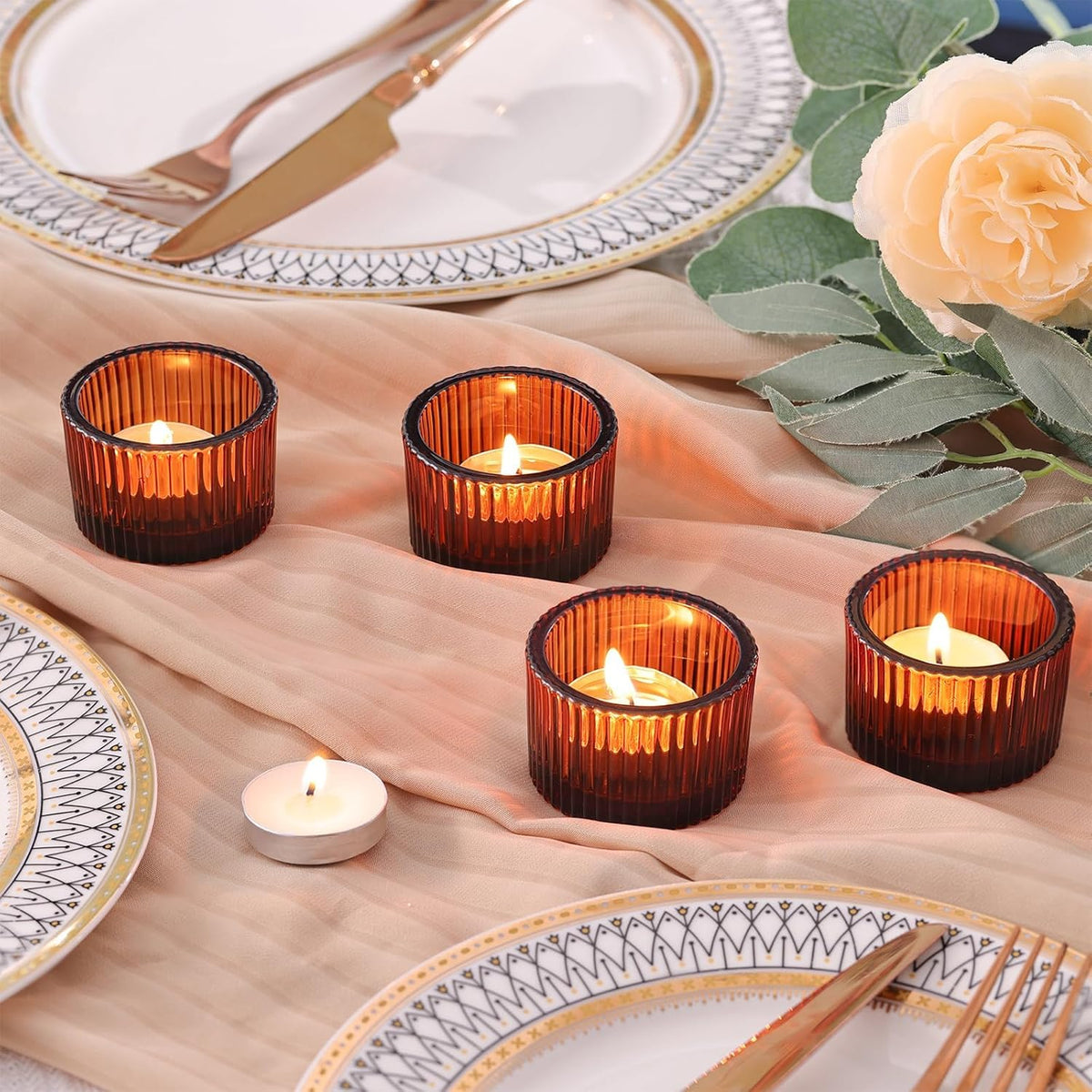24 Pack Amber Tealight Candle Holders, Glass Votive Candle Holders