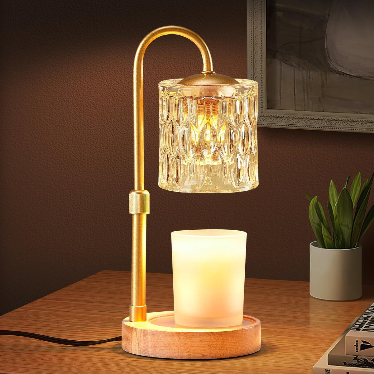Briever Dimmable Candle Warmer Lamp with Timer, Height Adjustable Electric Candle Wax Warmer, Christmas Birthday Gifts for Women Mom, House Warming Gifts New Home Room Decor, Walnut Solid Wood Base