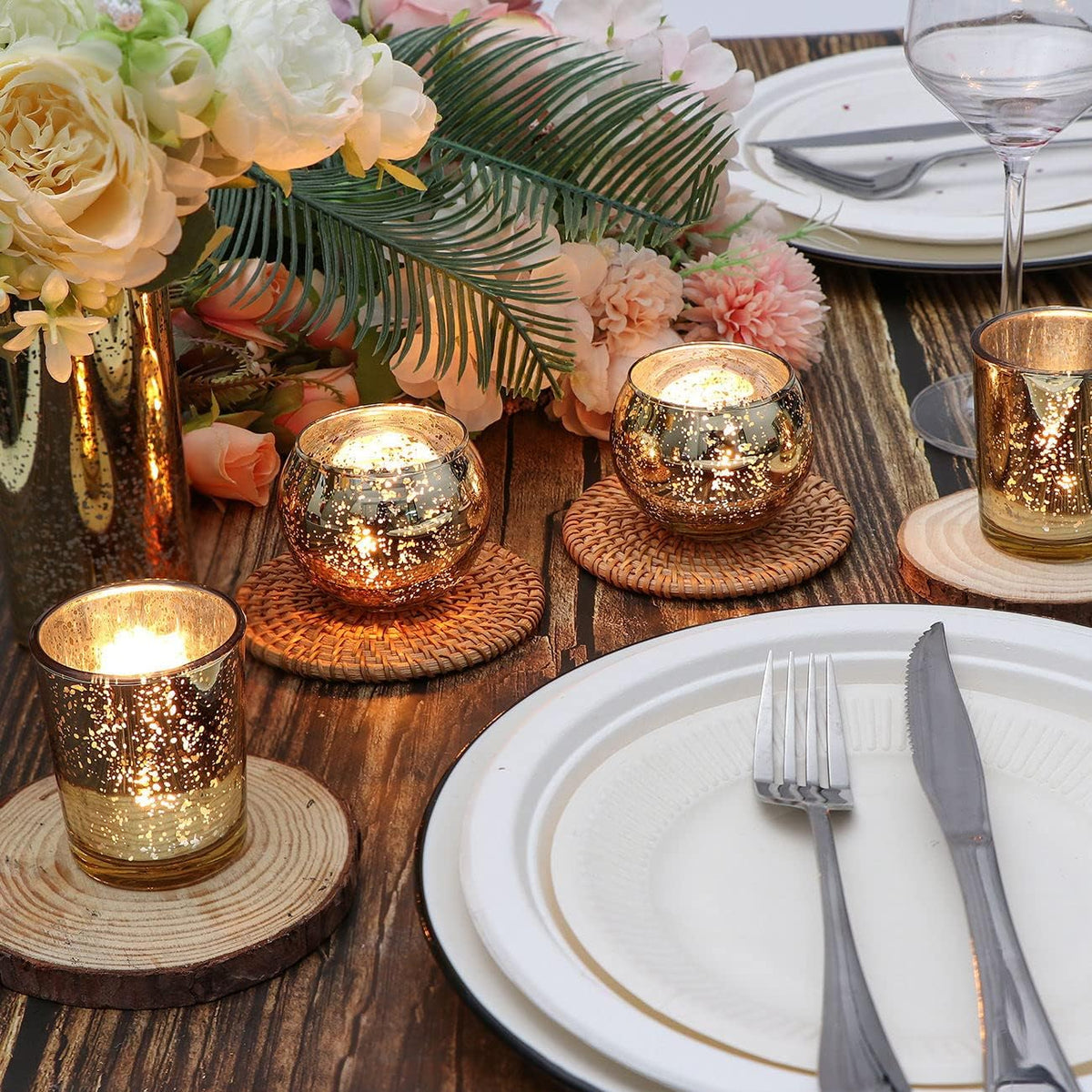 24 Pcs Assorted Gold Votive Candle Holders, Mercury Glass Tea Lights Holder