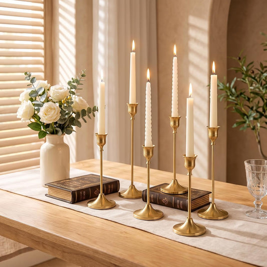 6 Pcs Gold Candlestick Holders, Vintage Metal Candle Holders Taper Candle Stands, Tall Brass Tapered Candle Holder for Wedding Tables Centerpieces Decor