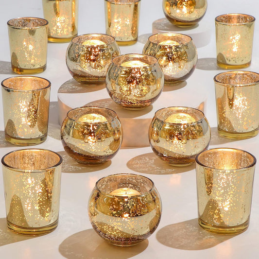 24 Pcs Assorted Gold Votive Candle Holders, Mercury Glass Tea Lights Holder