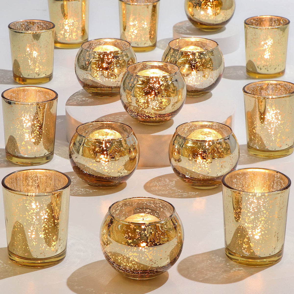 24 Pcs Assorted Gold Votive Candle Holders, Mercury Glass Tea Lights Holder