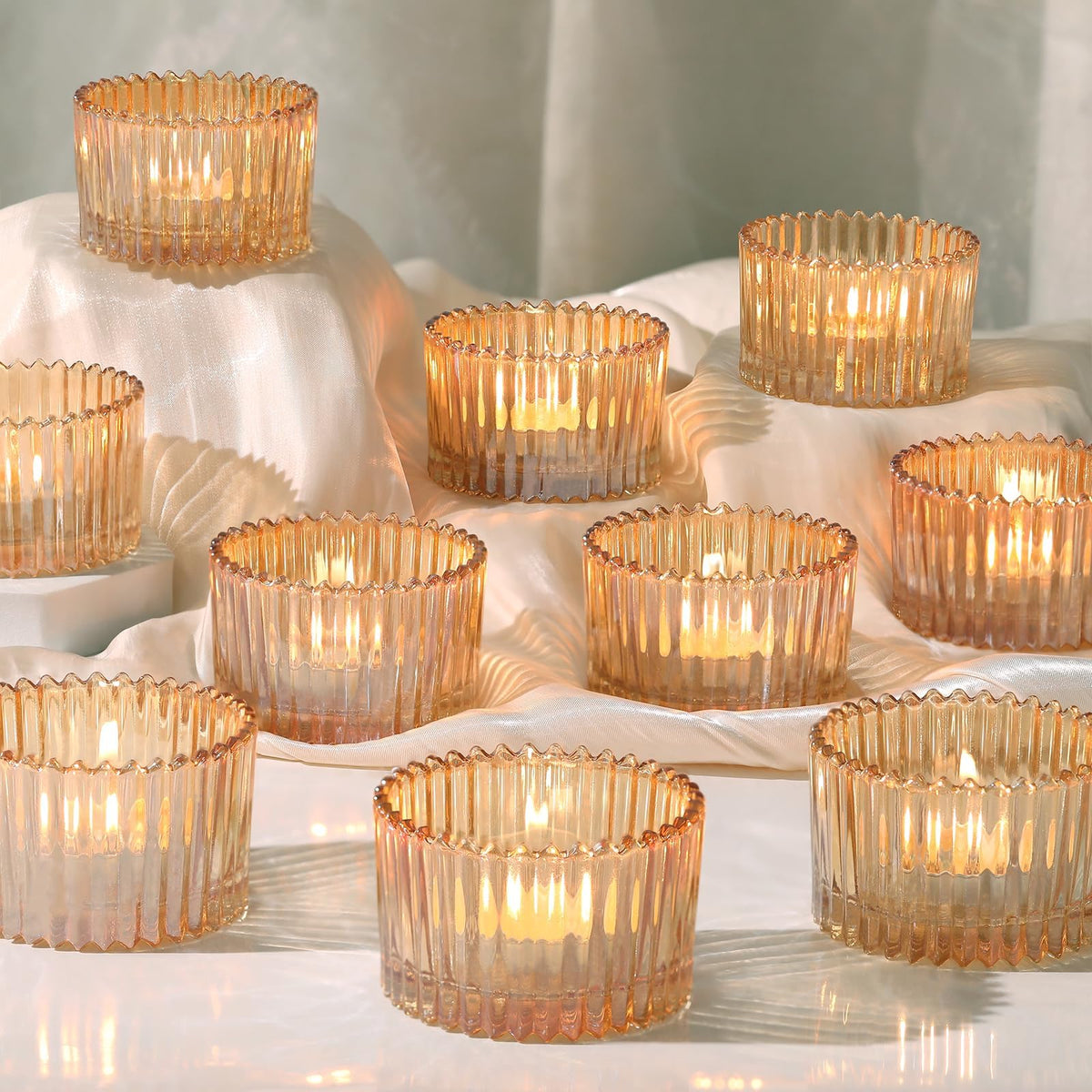 24 Pack Amber Tealight Candle Holders, Glass Votive Candle Holders