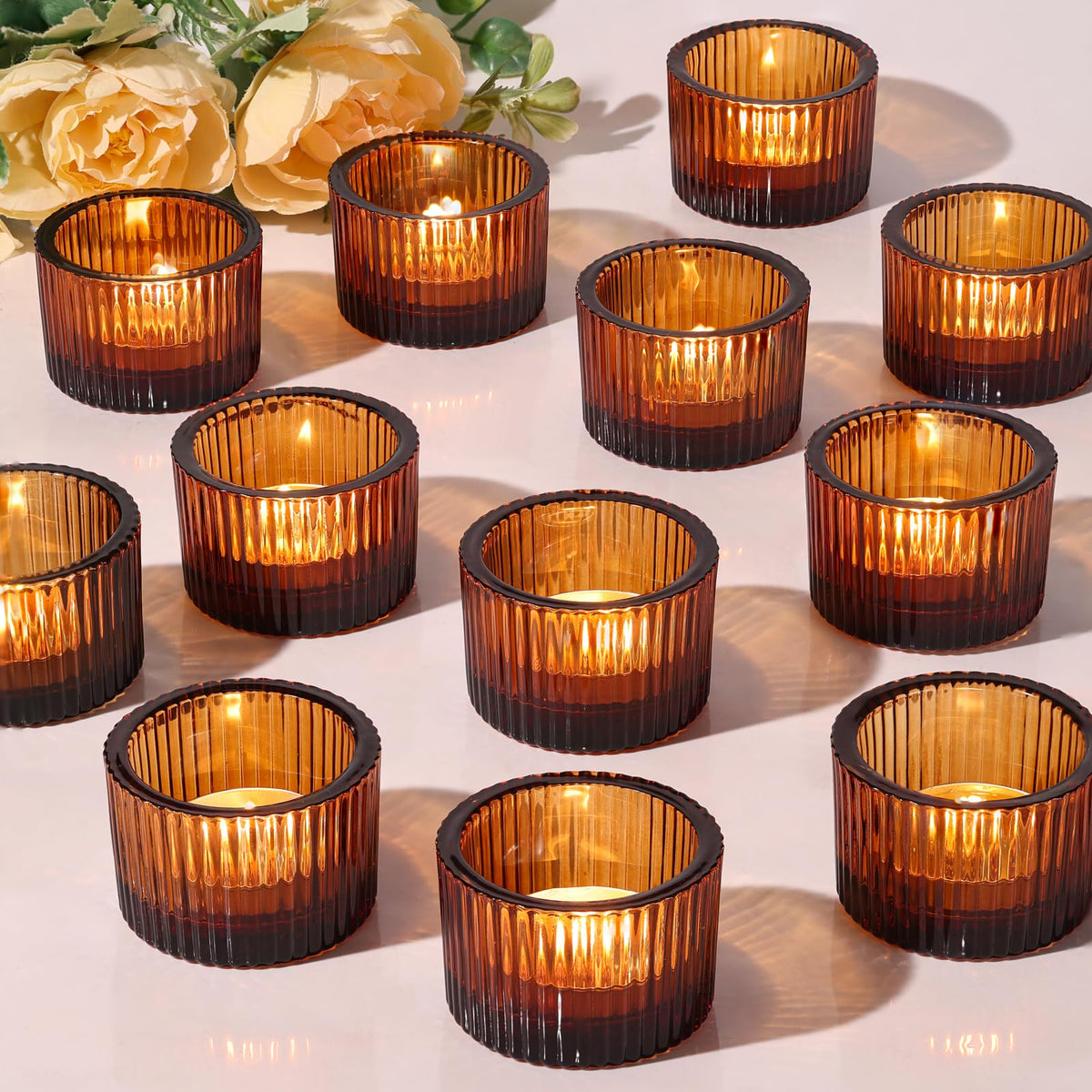 24 Pack Amber Tealight Candle Holders, Glass Votive Candle Holders