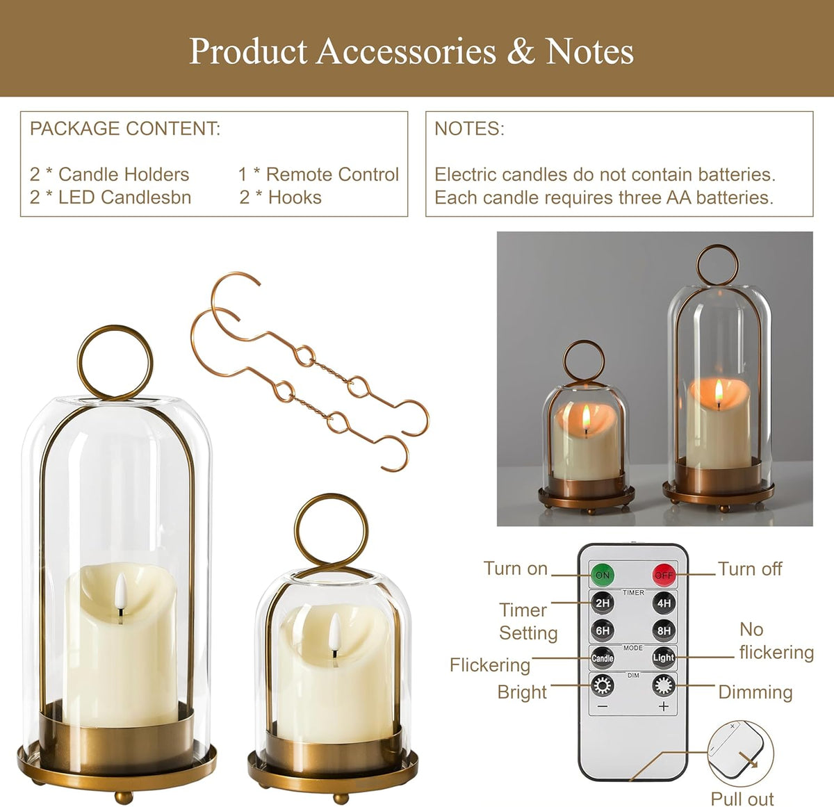 5"&4" Metal Candle Holder with Handmade Glass Dome in Brass & 2 Timer Candles, Set of 2 Versatile Hurricane Glass Candle Holders for Pillar Candles & Plants