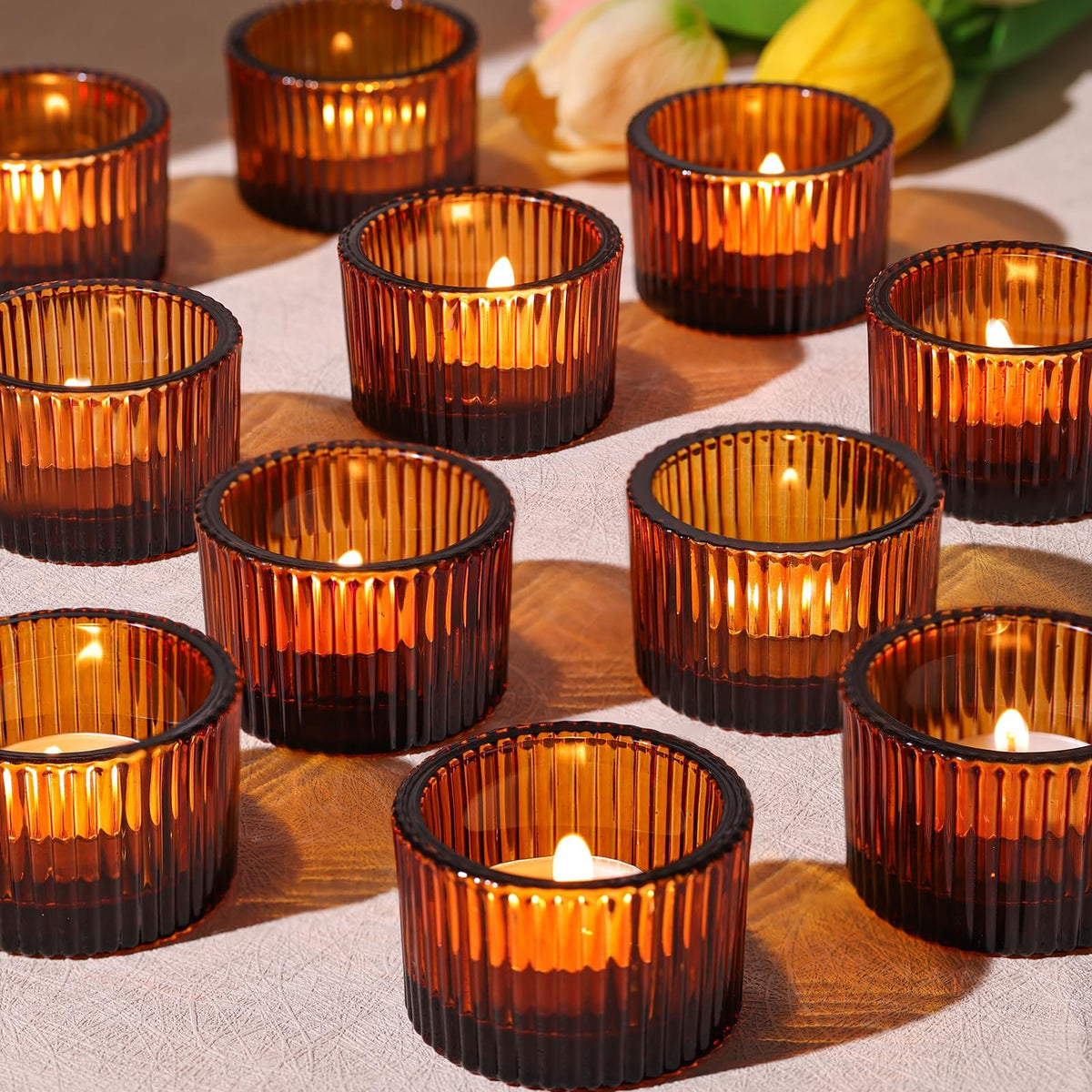 24 Pack Amber Tealight Candle Holders, Glass Votive Candle Holders