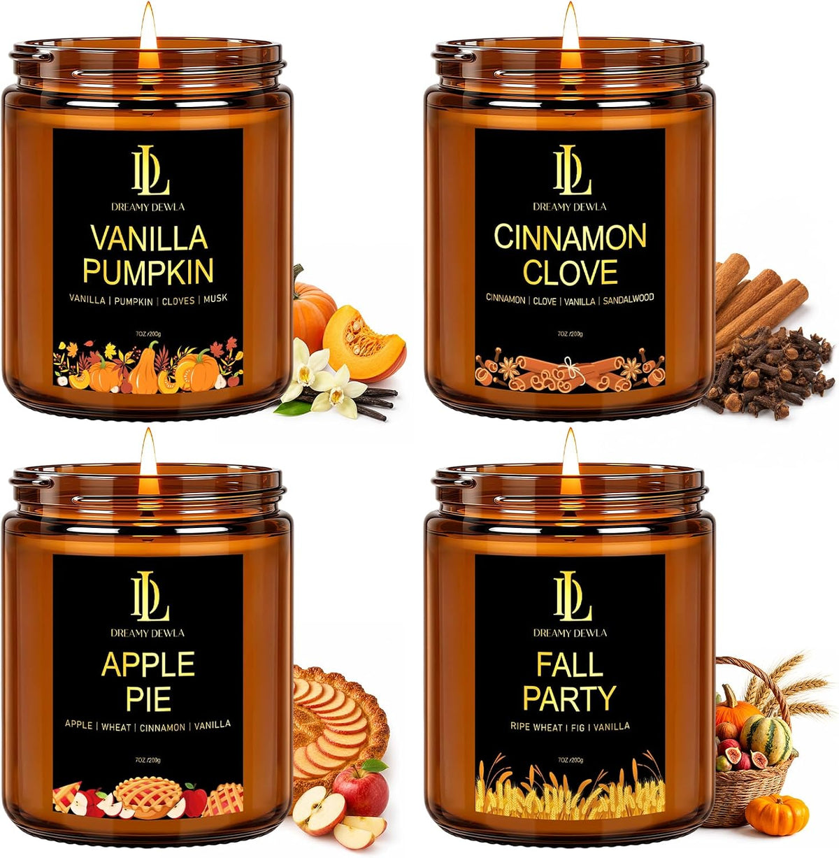 DL DREAMY DEWLA Fall Candles Set for Home Scented, 4 Pack 28oz, Soy Wax