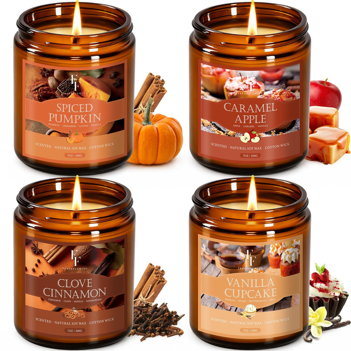 Fall Candles Set, 4 Pack Candles for Home Scented Natural Soy Wax, Autumn Gifts Set for Women Men, Fall Fragrance of Pumpkin/Cinnamon/Vanilla Cupcake/Apple