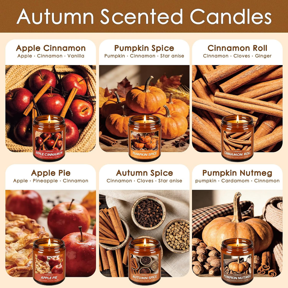 Fall Scented Candles - 6 PC Soy Wax Candle, 42 oz